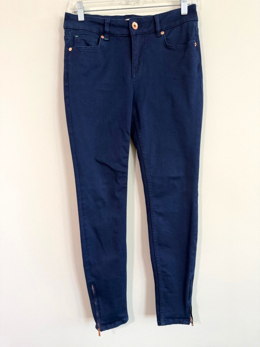 Ted Baker Navy Blue Skinny Stretch Jeans Rose Gold Ankle Zippers Women’s Size 28